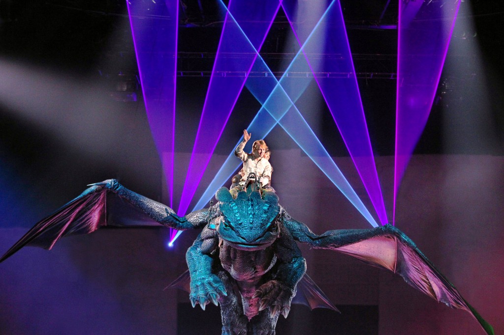 Hiccup (Riley Miner) & Astrid (Gemma Nguyen) fly Toothless, photo credit Todd Kaplan