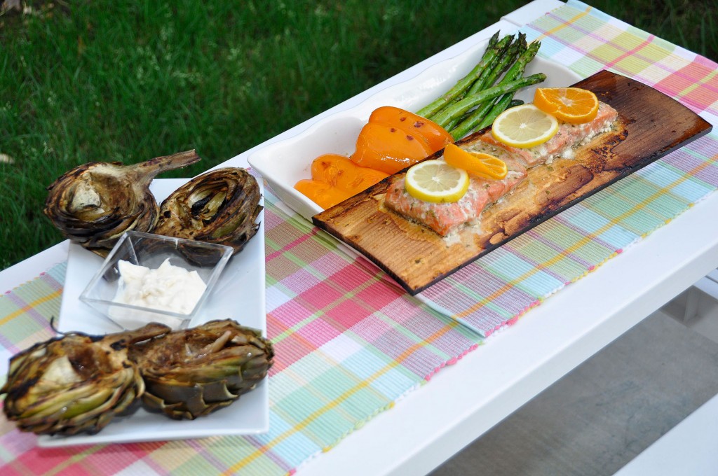 Cedar Plank-Grilled Salmon and Vegetables