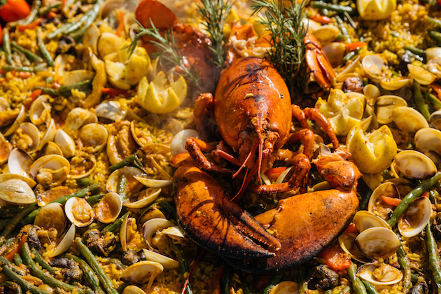 Lobster, clam and rosemary paella.