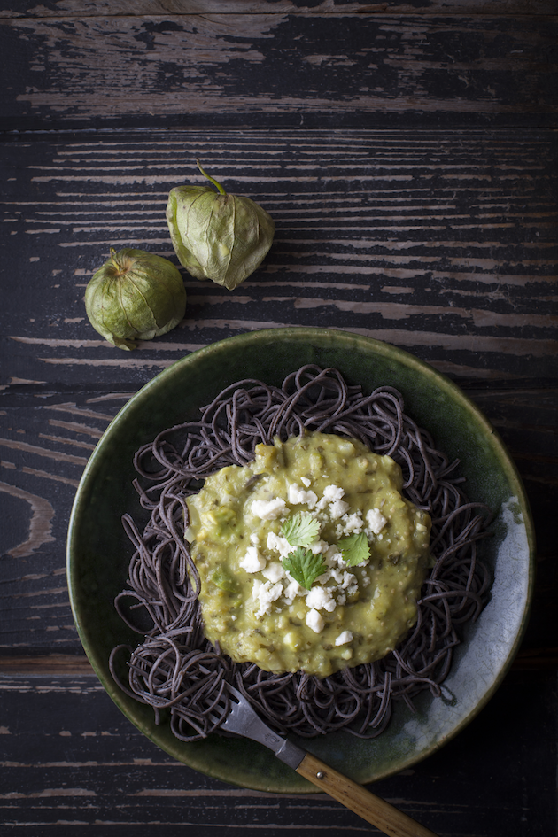Black Bean Pasta with Tomatillo Sauce