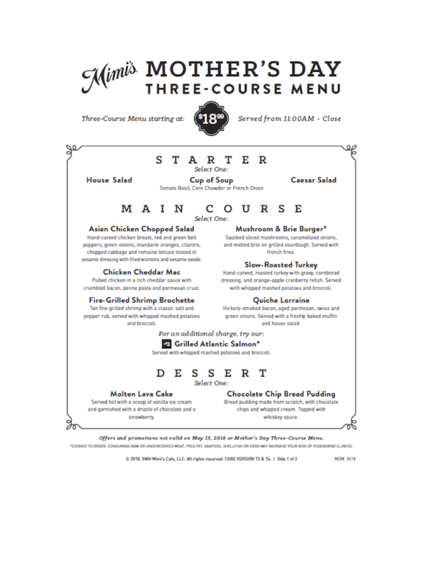 Mimis Mothers Day Menu