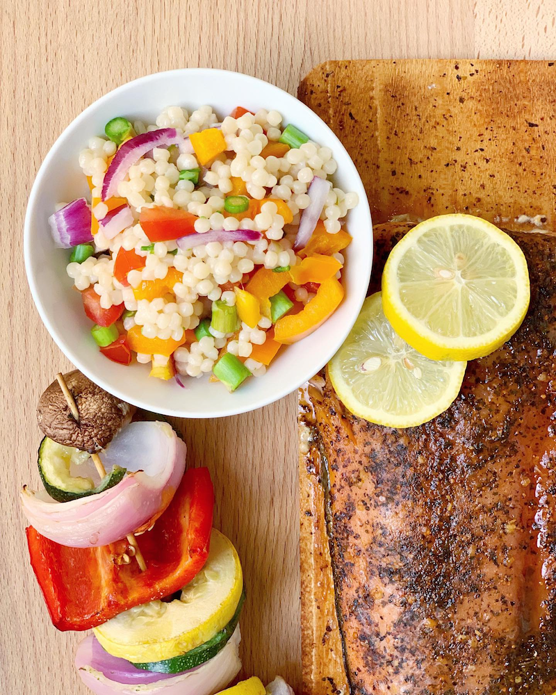 Sugar & Spice Cedar Planked Salmon with Grilled Vegetable Couscous ...