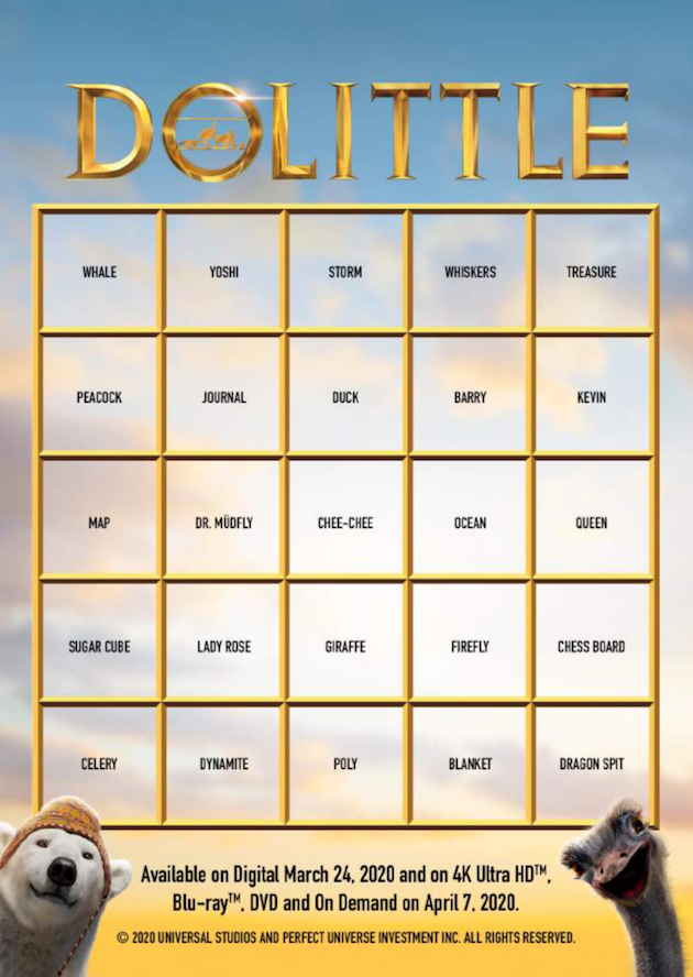 Dolittle Printable Movie Bingo Card