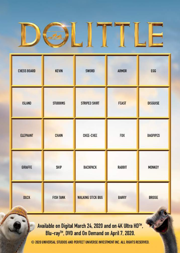 Dolittle Printable Movie Bingo Card