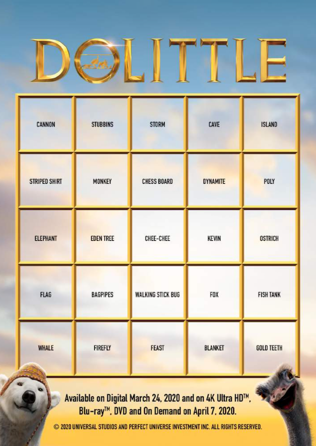 Dolittle Printable Movie Bingo Card