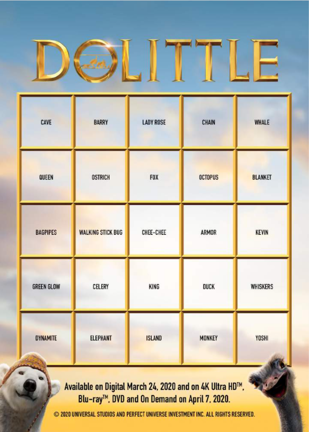 Dolittle Printable Movie Bingo Card