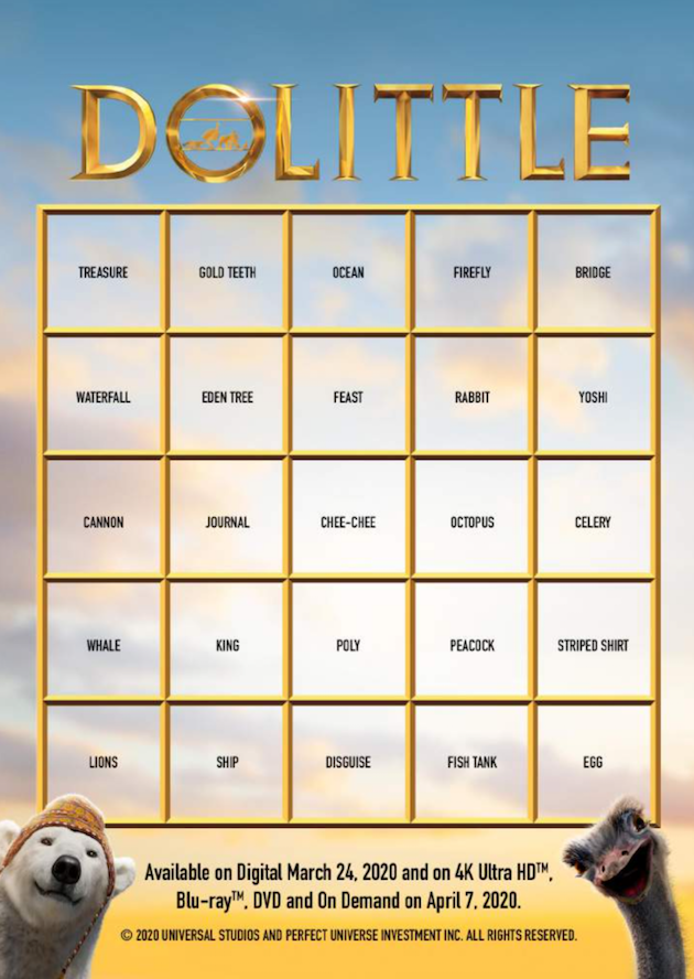 Dolittle Printable Movie Bingo Card