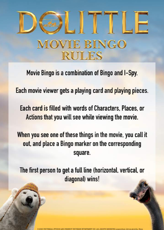 Dolittle Printable Movie Bingo