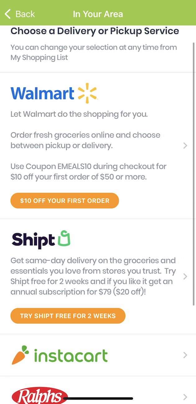 eMeals Grocery Options