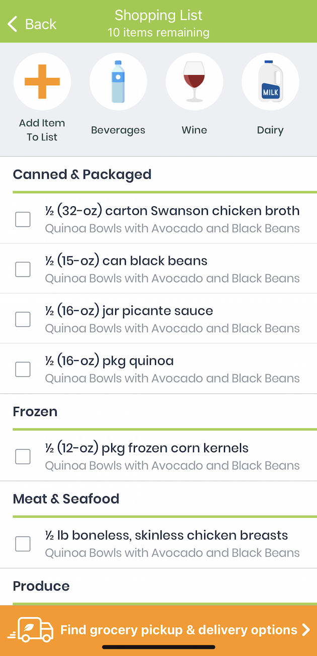 eMeals Shopping List